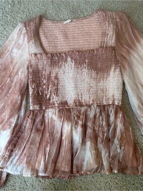 Anthropologie Pink Tie-Dye Smocked Peplum Blouse